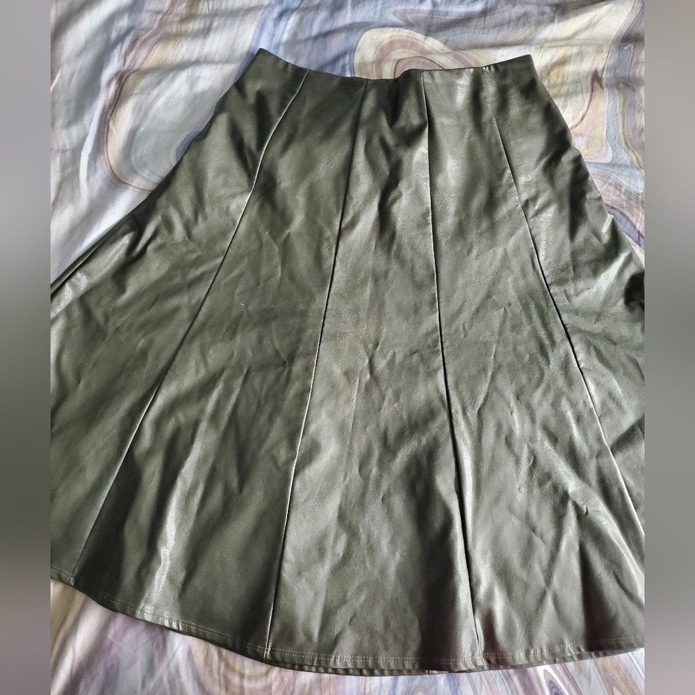 J Apparel Olive Green A-line Faux Leather Skirt
